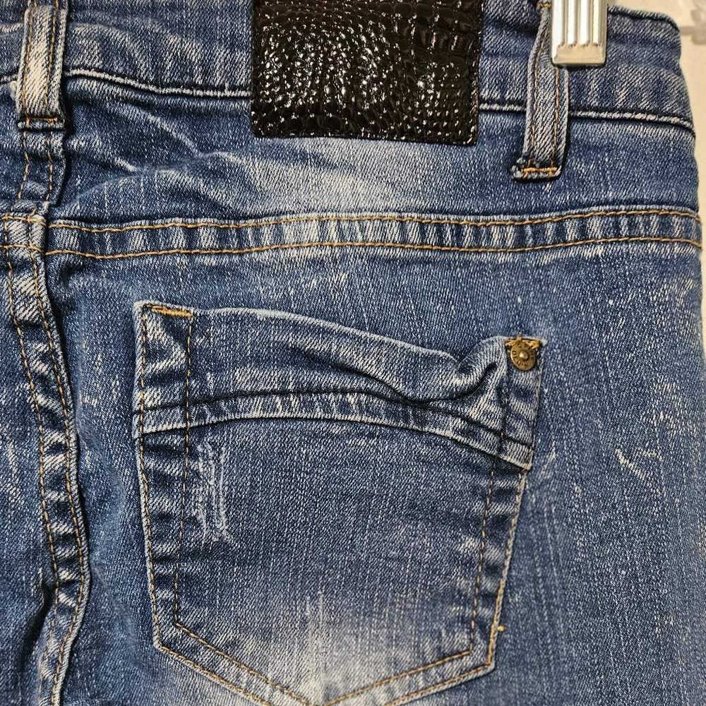 Pink Mid Rise Skinny Jeans Size 7 x 33 Stretch Long Distressed Blue White Pants